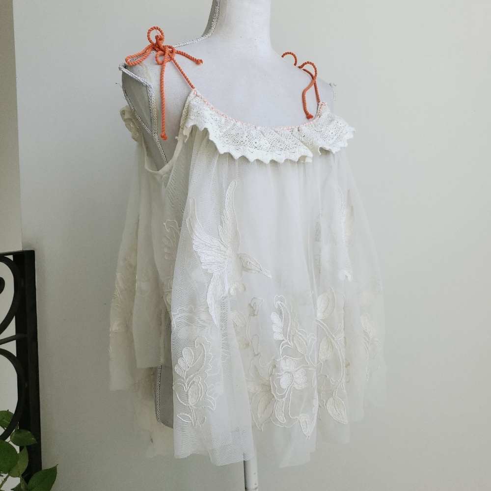 Free People Frilly Lace Bird Embroidery See Through Babydoll Top